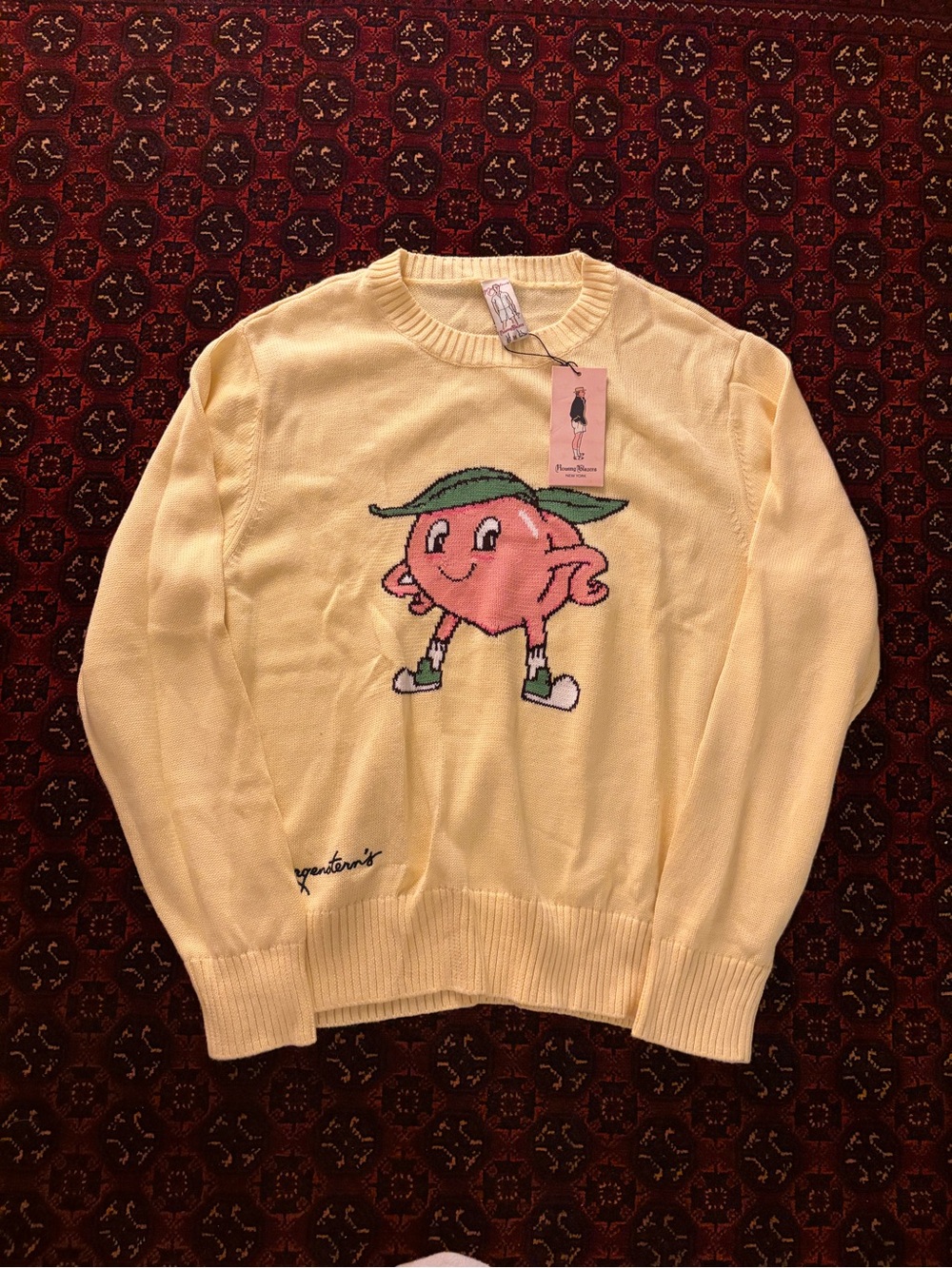 Rowing Blazers Pale Yellow Crewneck Sweater with Pink Peach Graphic